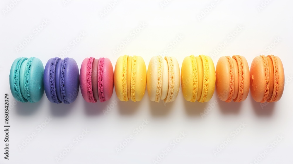 Poster a row of colorful macaroons lined up in a row. generative ai