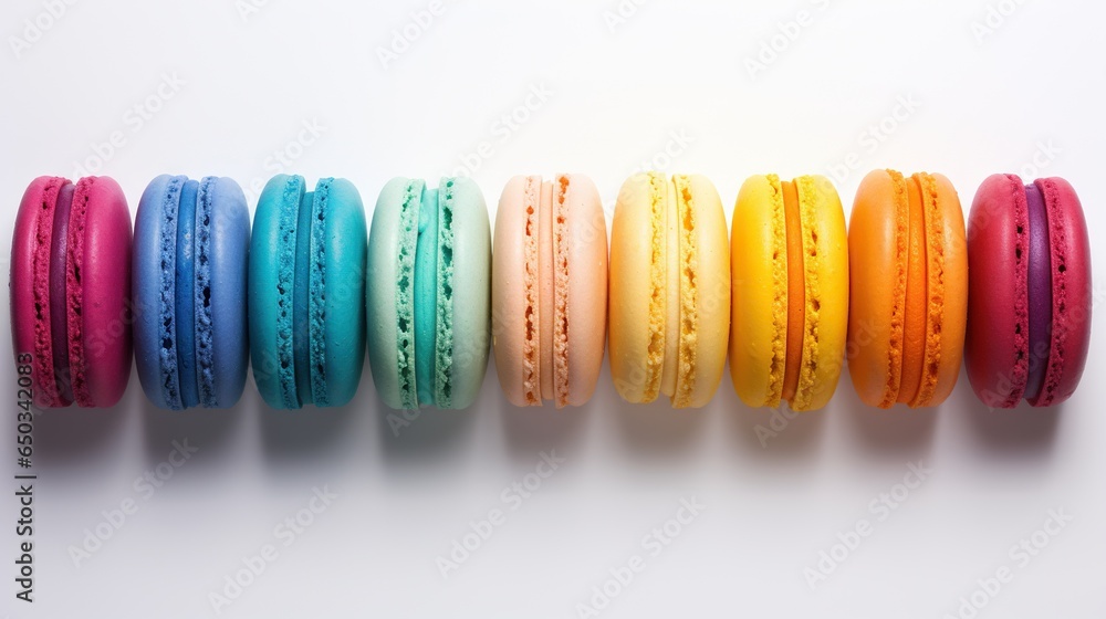 Poster a row of colorful macaroons sitting on top of each other. generative ai