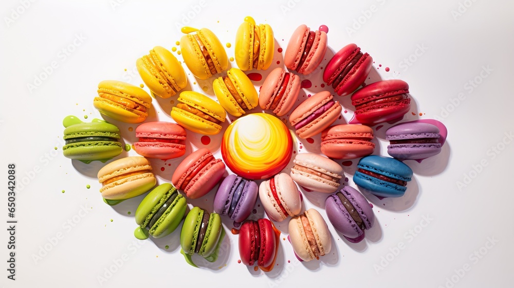 Poster a circle of colorful macaroons arranged in a circle. generative ai