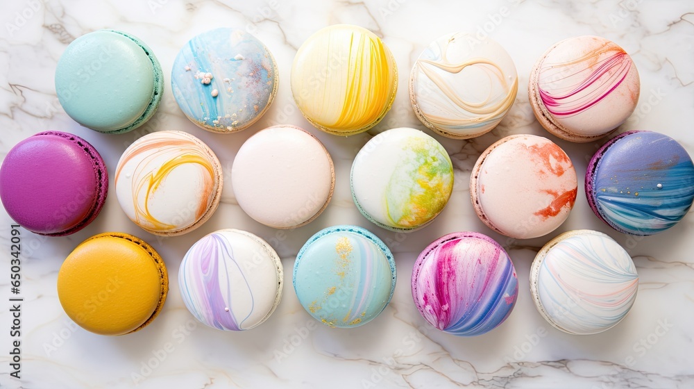 Poster a bunch of different colored macaroons on a table. generative ai