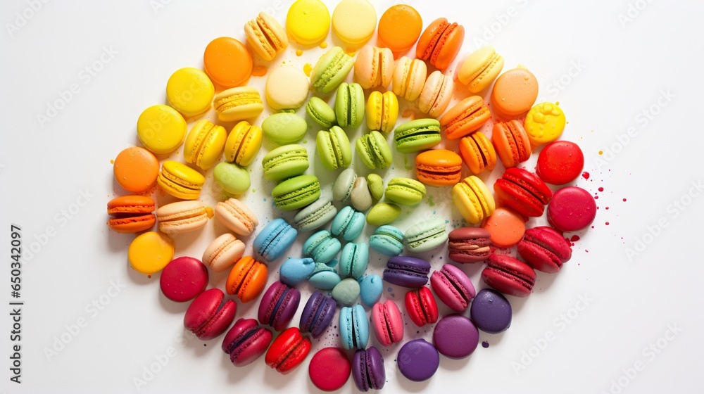 Poster a rainbow of macaroons arranged in the shape of a circle. generative ai