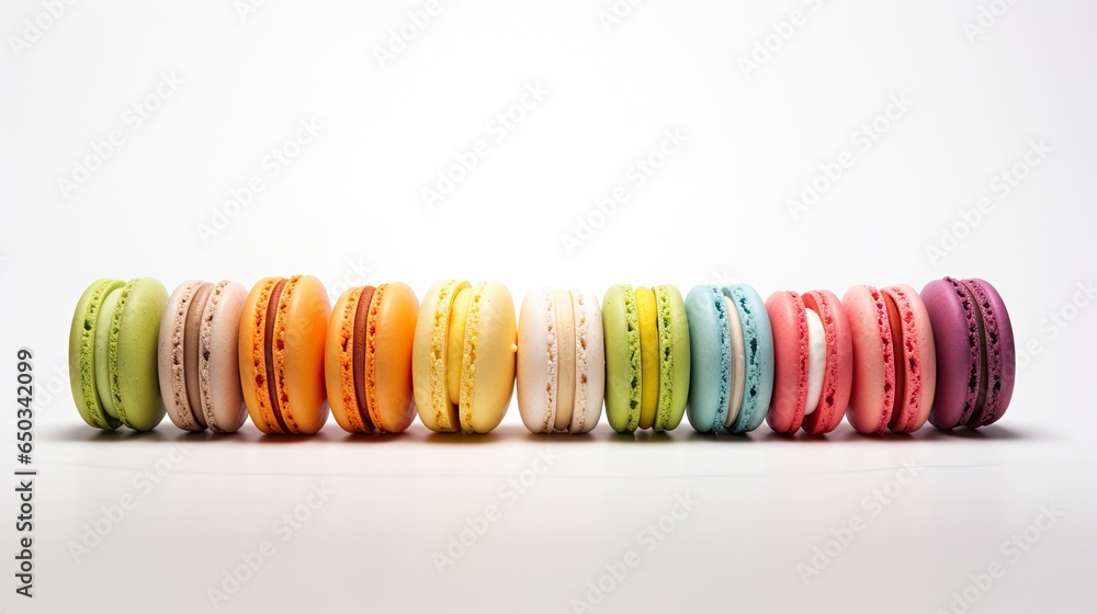 Poster a row of colorful macaroons sitting in a row. generative ai