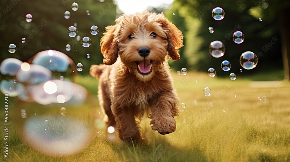 Poster a dog running through a field with bubbles in the air. generative ai