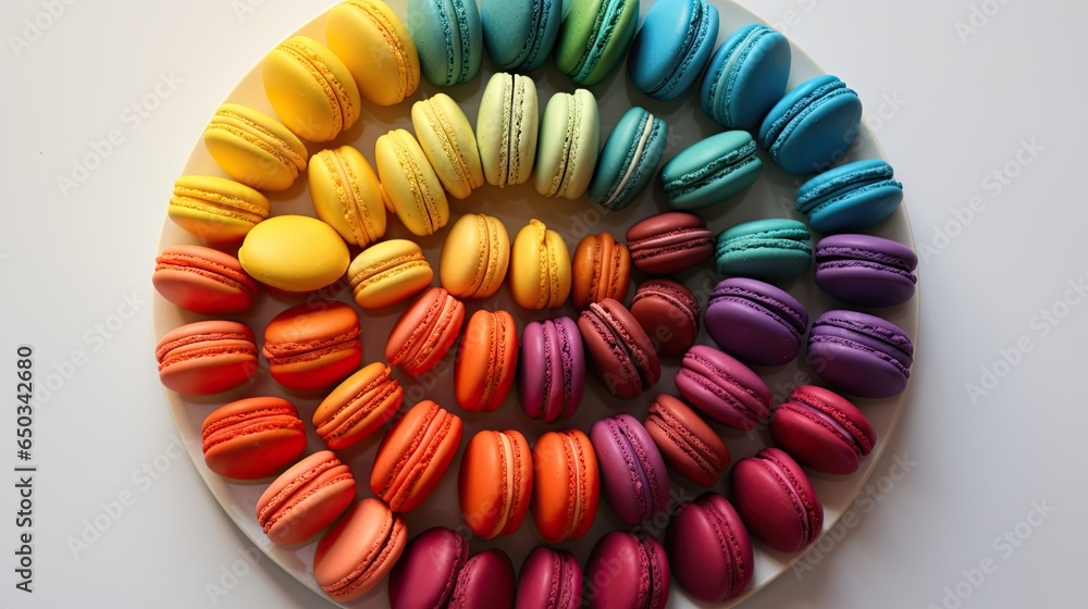 Poster a plate of colorful macaroons arranged in a circle. generative ai