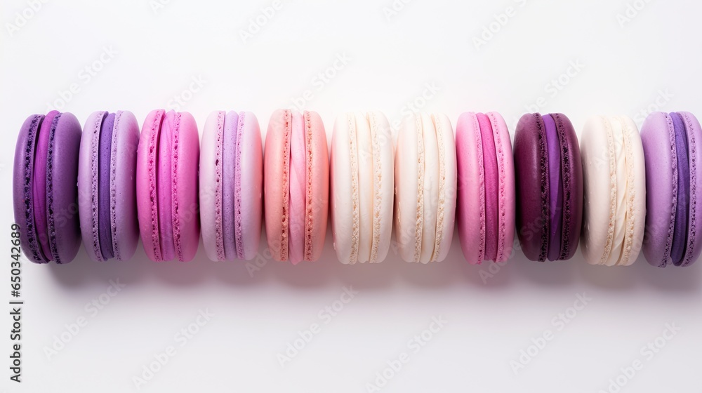 Poster a row of macaroons sitting on top of each other. generative ai