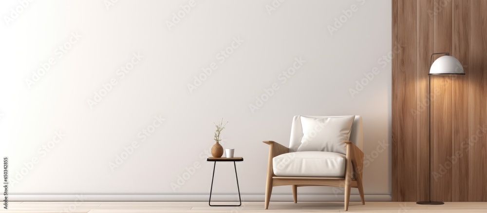 Canvas Prints Modern minimalist interior featuring an armchair coffee table wood panel floor lamp blank wall portrayal