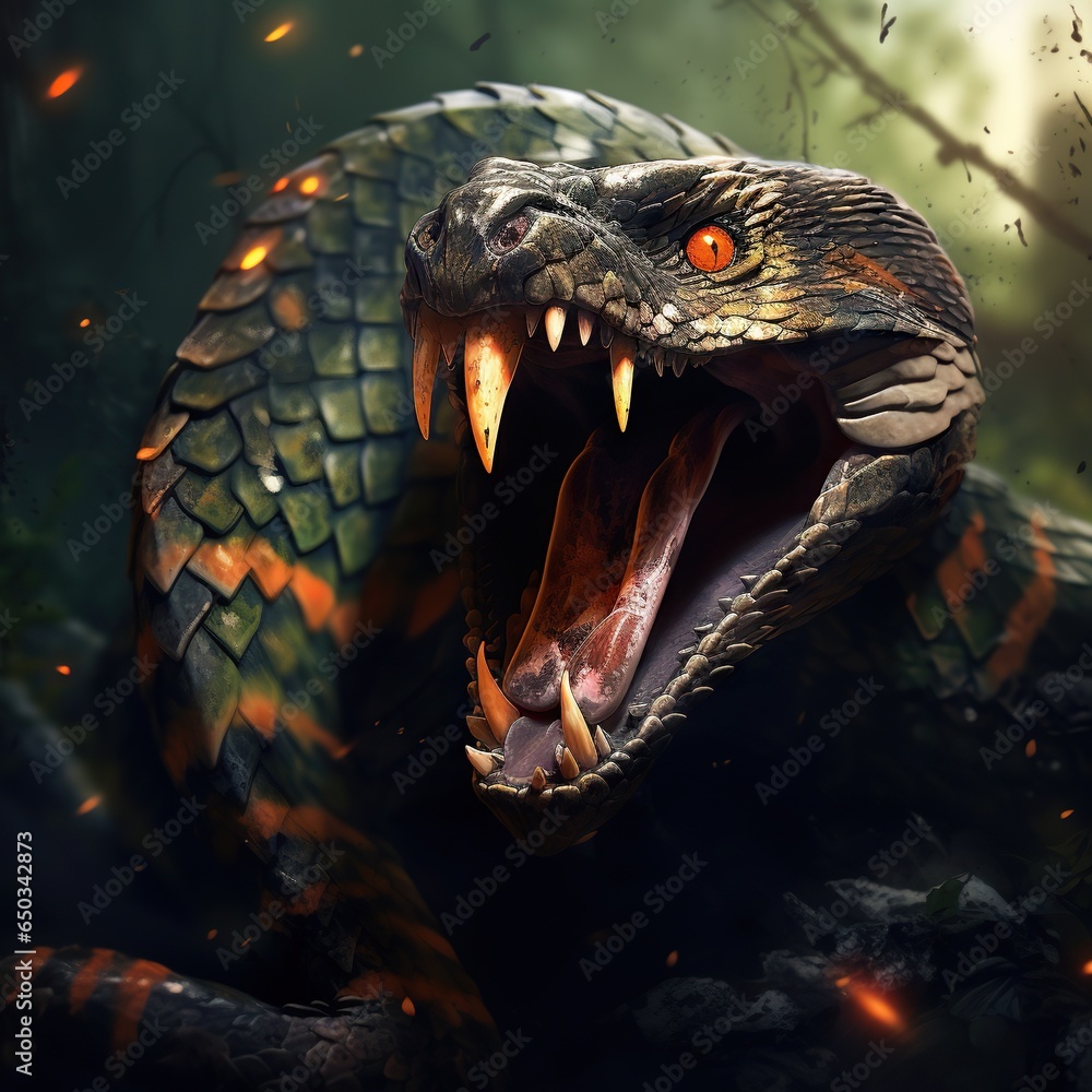 Poster a large snake with its mouth open and it's mouth wide open. generative ai