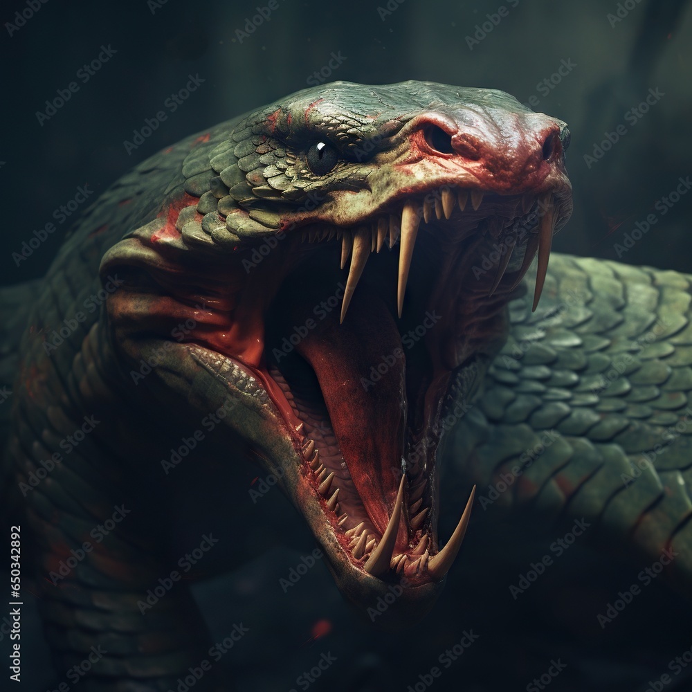 Poster a large snake with its mouth open and it's mouth wide open. generative ai