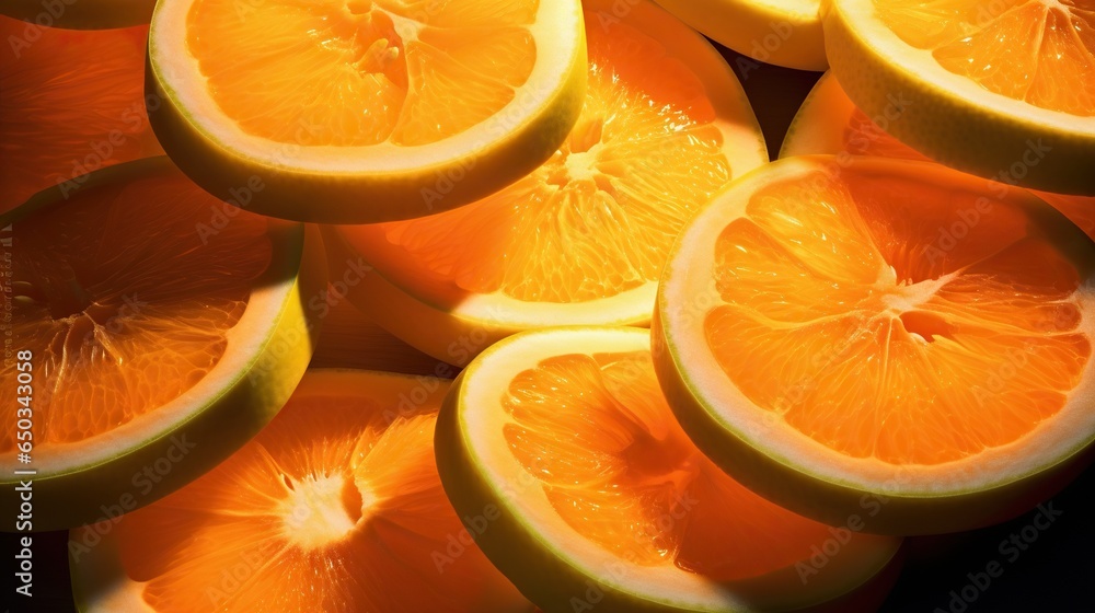 Poster a pile of oranges cut in half on top of each other. generative ai