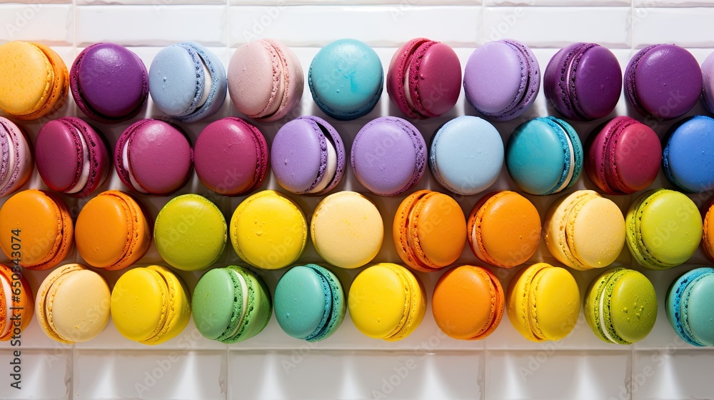 Poster macaroons are lined up in a row on a tiled wall. generative ai