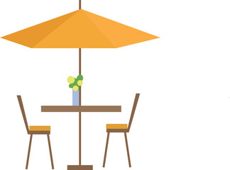 a small table with an umbrella from the sun and two chairs. A set for a cafe, an outdoor terrace, a restaurant, a cozy place decorated with a vase of flowers