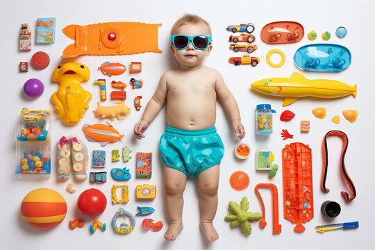 Leisure, vacation and lifestyle concept. Abstract illustration and top view of child lying with sunglasses and surrounded with summer vacation summer beach equipment, toys and things. Generative AI