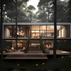 realistic render architecture, house for two people, minimalist, buried in the mountain, forest