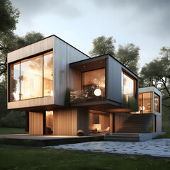 realistic render architecture, house for two people, minimalist, buried in the mountain, forest, architecture, house, design, nobody, construction
