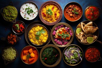 Variety traditional Indian dishes on the wooden table, selection of assorted spicy food, top view