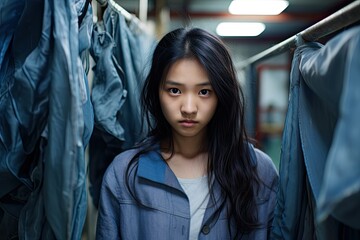 Asian girl portrait with blurred textile factory background, Illegal child labor in sweatshop manufacturing concept - obrazy, fototapety, plakaty