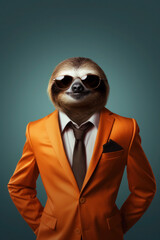 Fototapeta premium Sloth wearing human clothes and glasses, stylish businessman