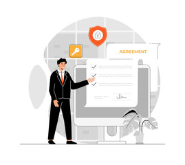 Online agreement, digital signature, smart contract online. Man reading terms and conditions and signs legal document on computer. Illustration with people scene in flat design for website and mobile 