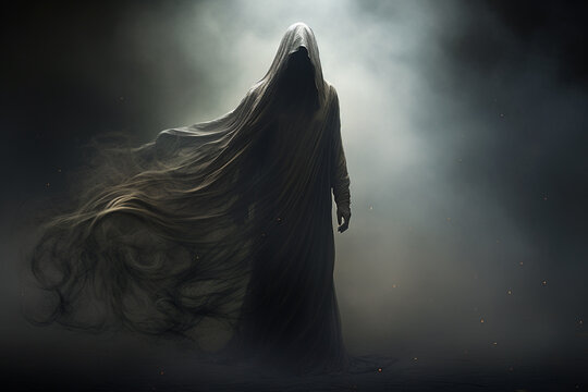 States of mind, horror, sci-fi concept. Female forest creature, wraith or ghost and nature mix concept. Dark and gloomy nature background with mist. Generative AI