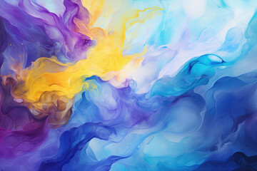 Fototapeta na wymiar Liquid fluid art abstract background. Blue yellow dancing acrylic paints underwater, ocean space smoke. High quality photo
