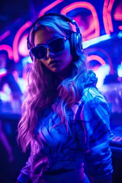 young beautiful girl listen music in.headphones, colorful vibrant image