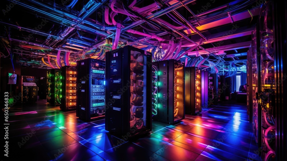 Poster inside the data center, heart of technology with a snapshot of a data center, rows of server racks, 