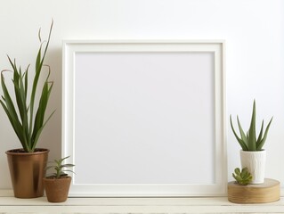 Empty frame on a white mantle with plants mockup for art showcase generative ai