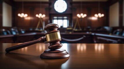 Judges gavel on wooden desk. Law firm concept. - obrazy, fototapety, plakaty