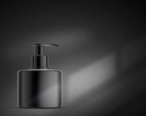 Obraz premium 3D Illustration. Black pump cosmetic tube on the black background. Cosmetics packaging