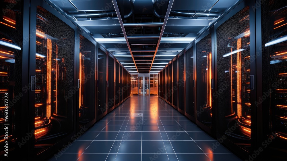 Aufkleber inside the data center, heart of technology with a snapshot of a data center, rows of server racks, 