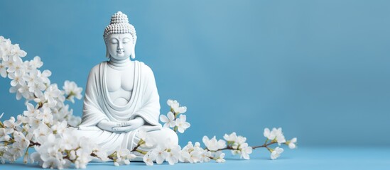 Meditation concept with Buddha figurine white flowers on blue backdrop