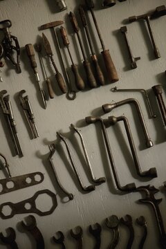 Alberta, Canada; Old Tools Hanging On The Wall