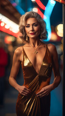 Radiant Mature Lady in a Low-Cut Gold Dress
