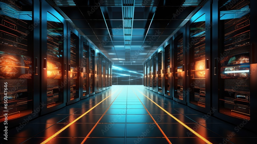 Poster inside the data center, heart of technology with a snapshot of a data center, rows of server racks, 