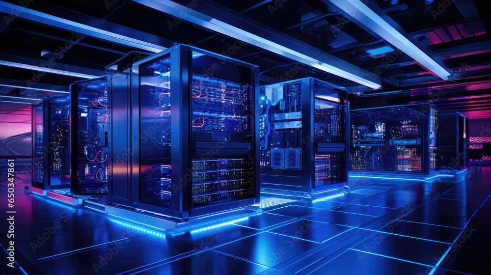 Aufkleber inside the data center, heart of technology with a snapshot of a data center, rows of server racks, 