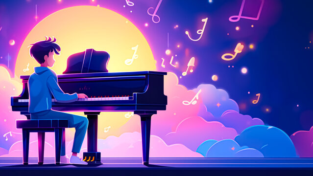 A Minimalistic YouTube Banner For A Vocal Coaching Channel Infused With Gaming Elements: A Smiling Boy Playing The Piano And Providing Singing Instructions In Blue, Pink, And Yellow In A 16:9 Ratio