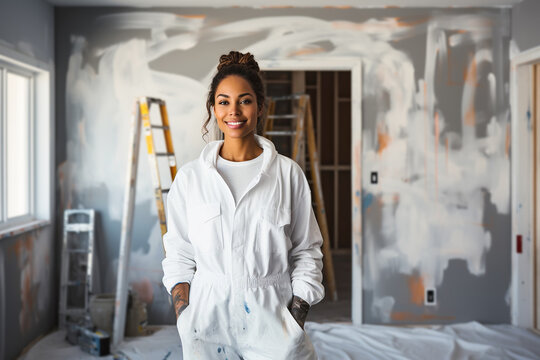 Portrait of beautiful multiracial house painter female in renovation room. Decoration and improvement interior.