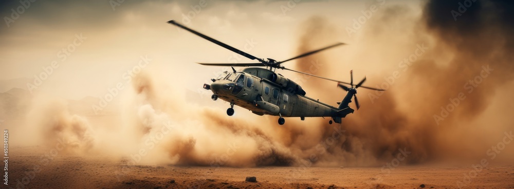 Wall mural generic military chopper crosses fire and smoke in the desert during an extraction mission, wide poster design with copy space area, Generative AI