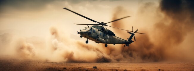 Fototapeta na wymiar generic military chopper crosses fire and smoke in the desert during an extraction mission, wide poster design with copy space area, Generative AI