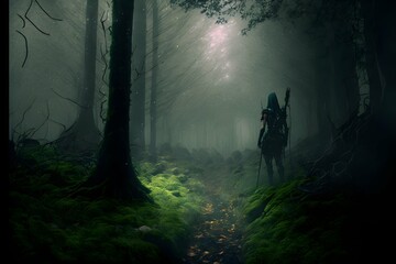 final fantasy elven female archer standing in the middle misty forest cinematic light detailed ultra sharp 