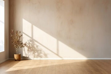 Modern beige Interior with geometrical sunlight, shadows and natural decor. Empty wall mockup