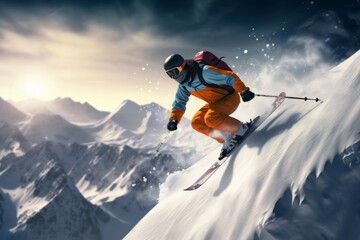 Naklejka na ściany i meble Winter Extreme athlete Sports ski jump on mountain Generative AI