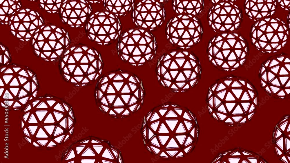 Poster Background with rotating balls and grid. Design. Geometric grid on rotating balls in animation. Lots of rotating balls with grid on colored background