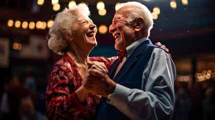 Beautiful senior couple is dancing and smiling. AI Generated