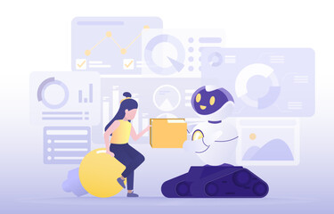 Artificial Intelligence (AI) technology concept. Collaboration between human and ai robot to share or exchange information. Data analysis, strategy management, tactical planning. Vector illustration.