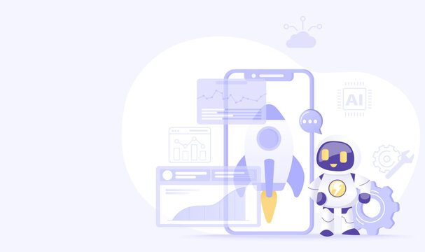 Artificial Intelligence (AI) technology and startup concept. New business startup, growth, investment, data analysis, innovation, networking to goal. Flat vector design illustration with copy space.