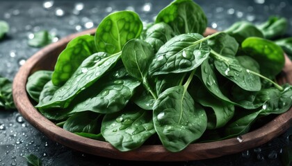 Fresh green spinach leaves with water drops inside wooden dark brown bowl or plate on dark grey black solid smooth surface counter countertop table top background. Vegetables backdrop.