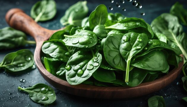 Fresh green spinach leaves with water drops inside wooden dark brown bowl or plate on dark grey black solid smooth surface counter countertop table top background. Vegetables backdrop.