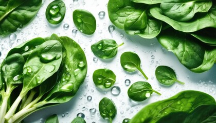 Fresh green spinach leaves with water drops on white smooth solid surface counter countertop table top background. Vegetables backdrop. Flat Lay, Top View.