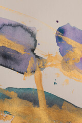 Watercolor ink and gold acrylic smear blot canvas painting paper. Abstract texture color stain...